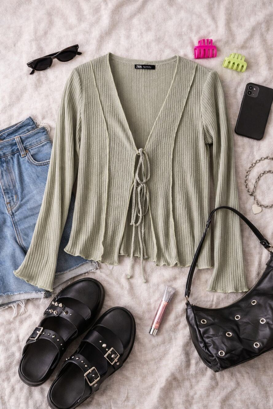 ZARA Women's Sheer Pleated Tie Front Cardigan Top Sage Green Long Sleeve Size S